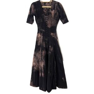 Luna Luz Midi Dress Women M Acid Wash Lace Up Corset Fit Flare Grunge Whimsigoth